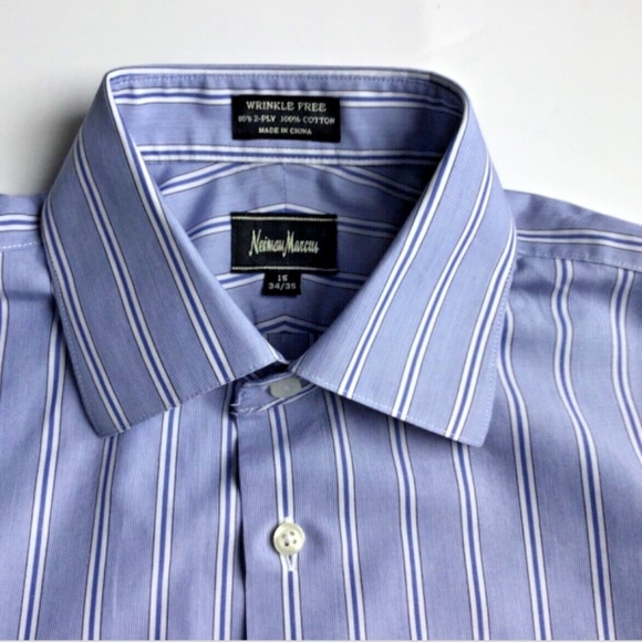Neiman Marcus blue striped 2 ply cotton button front shirt Sz 15 _34/35 - Picture 1 of 9